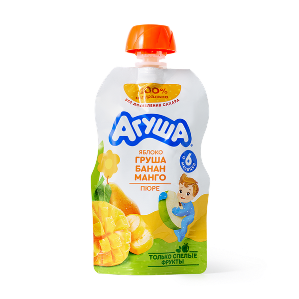 Пюре «Агуша» яблоко-груша-банан-манго с 6 месяцев