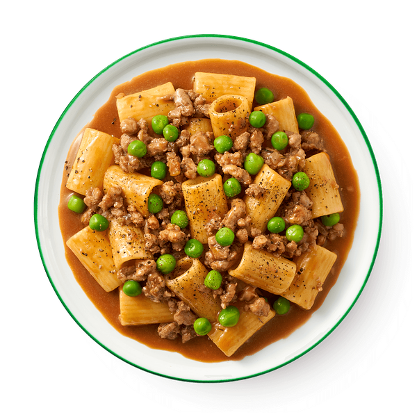 Ригатони с мясным рагу и зелёным горошком Piu Piu