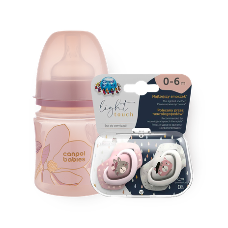 Бутылочка для кормления Canpol Babies Easy Start 35/239 антиколиковая с широким горлышком с рождения розовая, 120 ml + Пустышка силиконовая Canpol Babies симметричная Bonjour Paris 0-6 мес, 2 шт