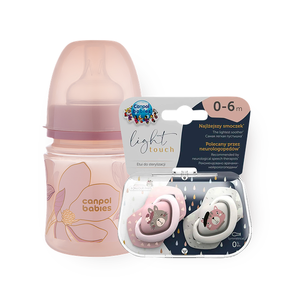Бутылочка для кормления Canpol Babies Easy Start 35/239 антиколиковая с широким горлышком с рождения розовая, 120 ml + Пустышка силиконовая Canpol Babies симметричная Bonjour Paris 0-6 мес, 2 шт