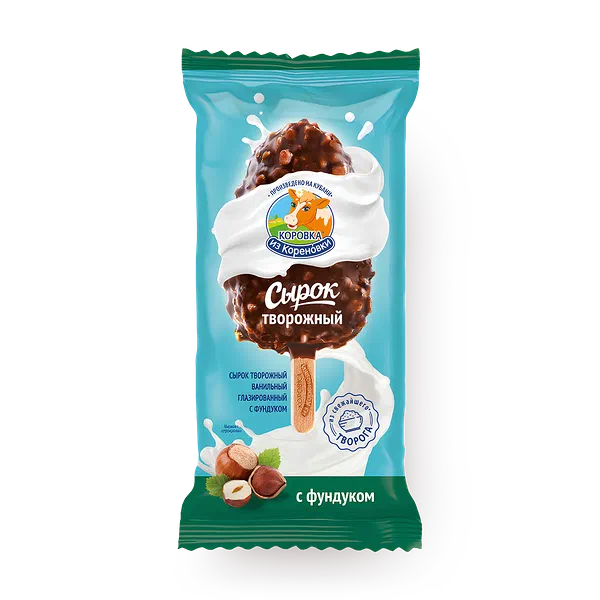 Сырок глазированный «Коровка из Кореновки» ванильный с фундуком на палочке 23%