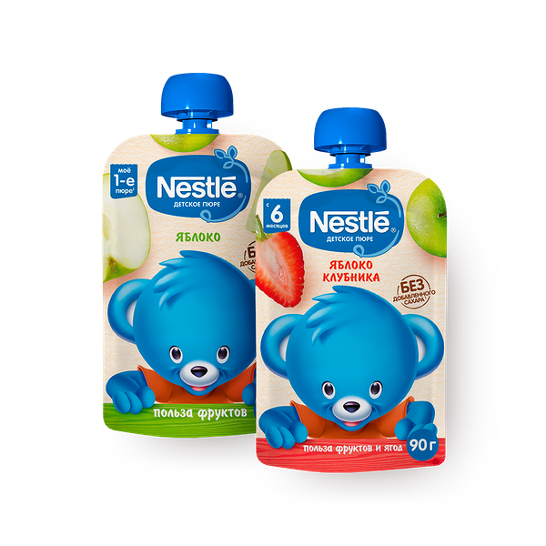 Пюре Nestle яблоко-клубника с 6 месяцев, 90 g + Пюре Nestle яблоко с 5 месяцев, 90 g