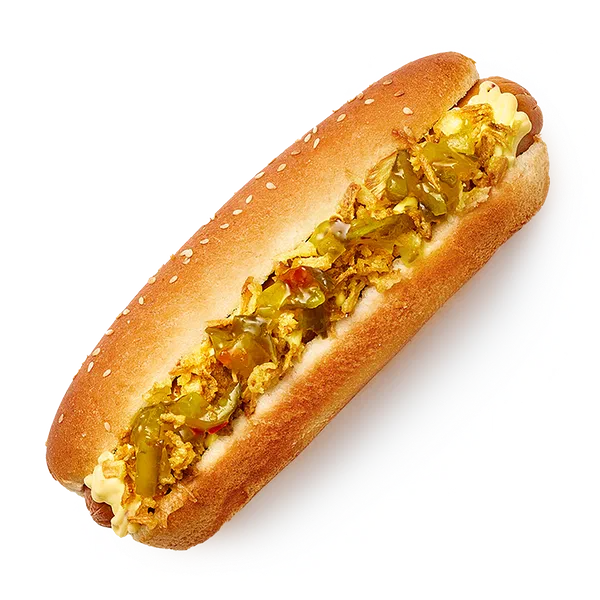 Хот-дог с куриной колбаской и огуречным релишем «Из Лавки»
