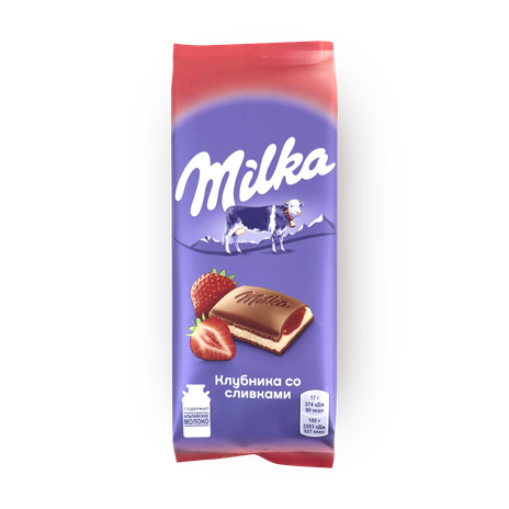Шоколад молочный Milka с двухслойной начинкой клубника-сливки