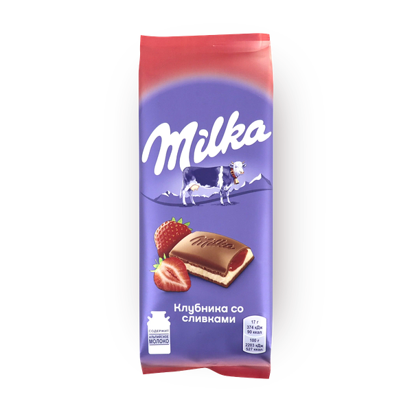 Шоколад молочный Milka с двухслойной начинкой клубника-сливки