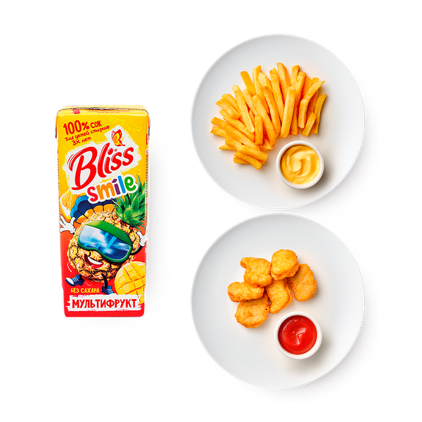 Малая порция наггетсы с кетчупом, 6 шт + Малая порция Картофель фри с сырным соусом + Сок мультифрукт восстановленный Bliss