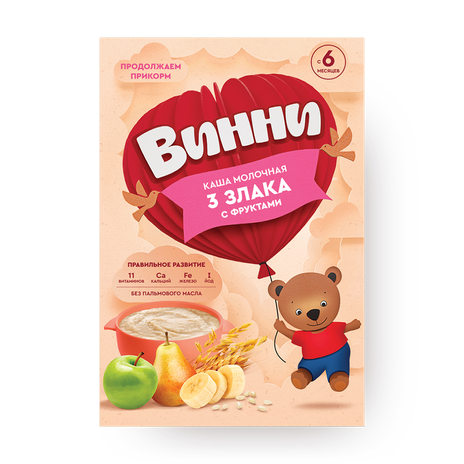 Каша молочная сухая «Винни» растворимая 3 злака с фруктами