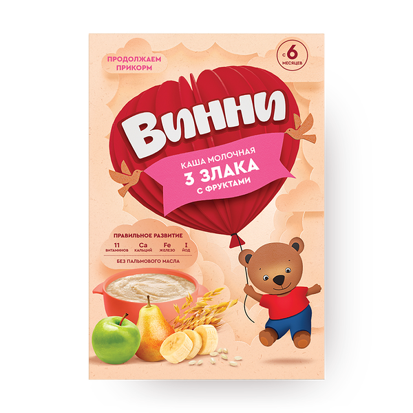 Каша молочная сухая «Винни» растворимая 3 злака с фруктами