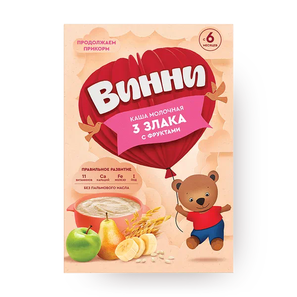 Каша молочная сухая «Винни» растворимая 3 злака с фруктами
