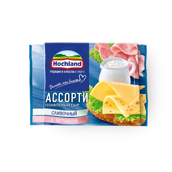 Сыр сливочный ассорти плавленый Ассорти Hochland с ветчиной 45%