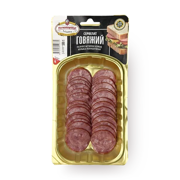 Колбаса сервелат говяжий «Первомайские деликатесы» варёно-копчёная нарезка