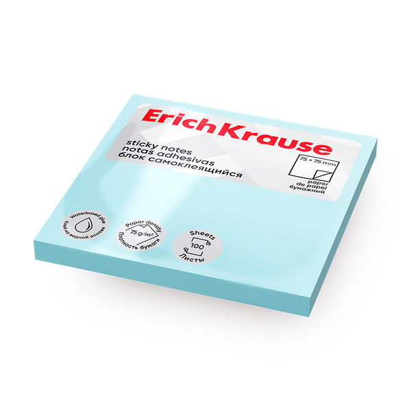 Блок самоклеящийся бумажный Erich Krause 75х75 мм 100 листов голубой