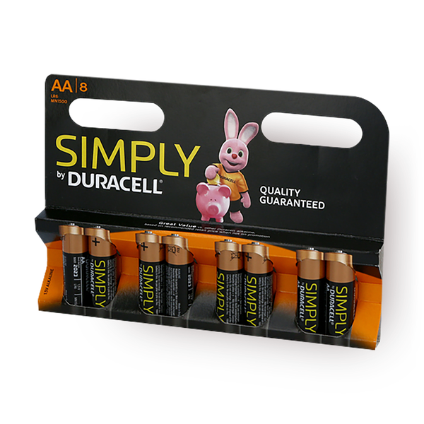 Eight Duracell Simply AA batteries