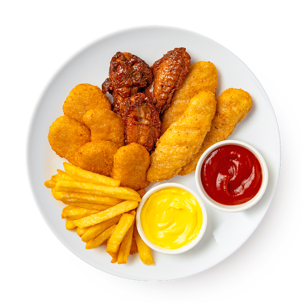 Сет Мясной крылышки, стрипсы, наггетсы и картофель фри Из Лавки