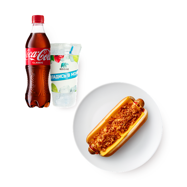 Coca-Cola Classic 500мл со льдом и хот дог запечённый с сыром