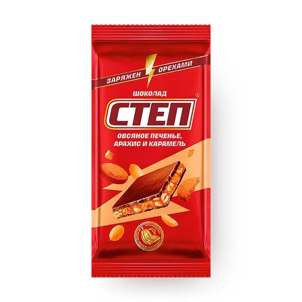 Шоколад молочный «Славянка» «Степ» с овсяным печеньем, арахисом и карамелью