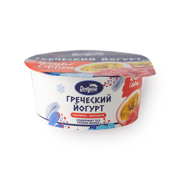 Йогурт греческий «Доброе деревенское утро» малина-маракуйя 3%
