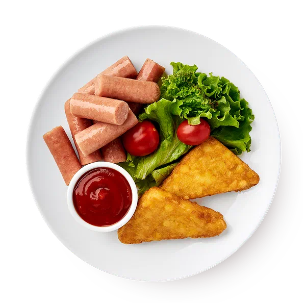 Хашбраун с куриными сосисками и салатом «Из Лавки»