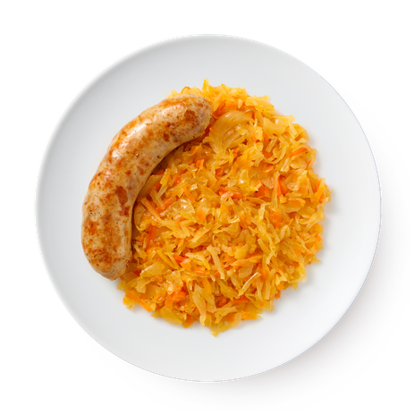 Колбаска Мергез с тушёной квашеной капустой «Грабли Box»
