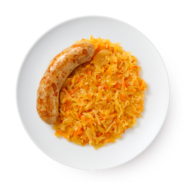 Колбаска Мергез с тушёной квашеной капустой «Грабли Box»