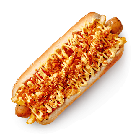 Хот-дог с жареным говяжьим беконом, с куриной колбаской и халапеньо