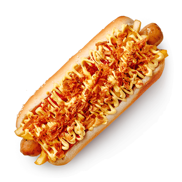 Хот-дог с жареным говяжьим беконом, с куриной колбаской и халапеньо