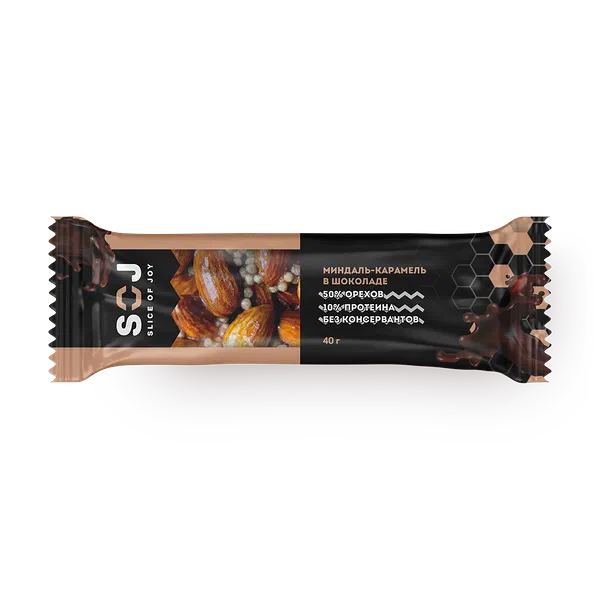 Батончик ореховый SOJ в шоколаде миндаль-карамель