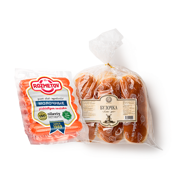 Булочка для хот-дога Bog'iston Non, 480 g + Сосиски Молочные Rozmetov, 400 g
