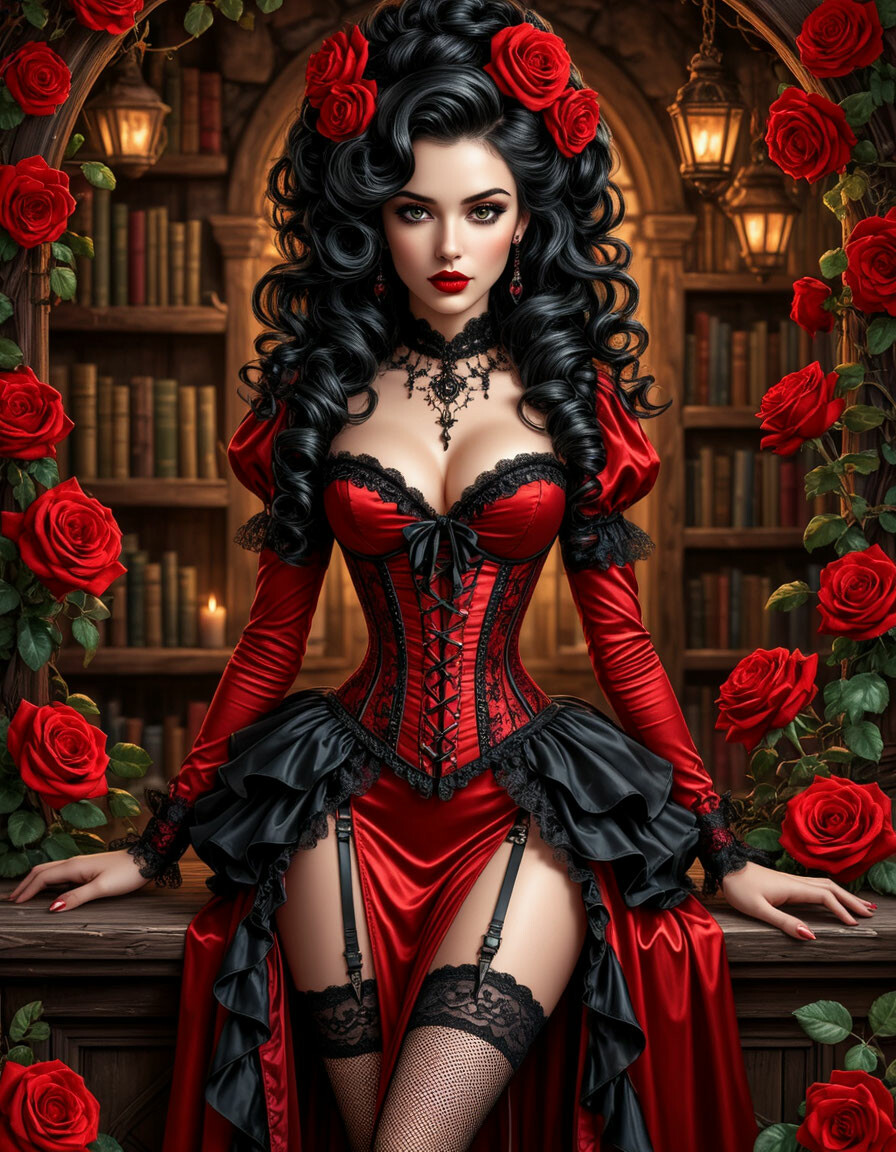 цифровой рисунок, фэнтези арт, иллюстрация. фон: средневековье, фэнтези, магическая лавка, красные розы, уют. в центре девушка, черные волосы уложенные в сложную прическу, локоны, экстравагантное &hellip;
