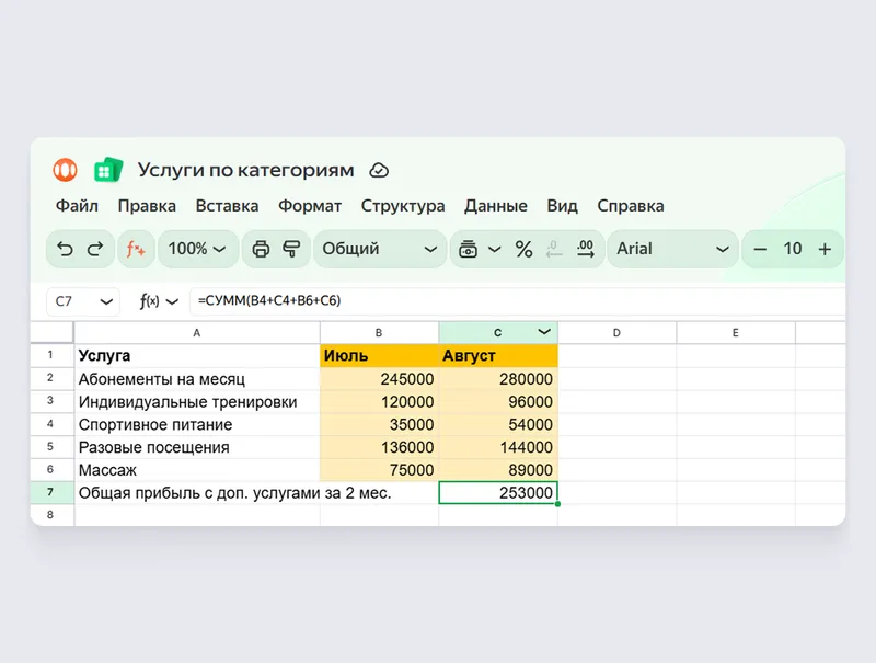 Итоговый результат функции «СУММ»