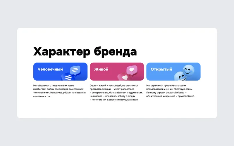 На сайте Ozon есть отдельная страница о бренде: его характер, тон коммуникации и правила работы с логотипом, иконками и цветами