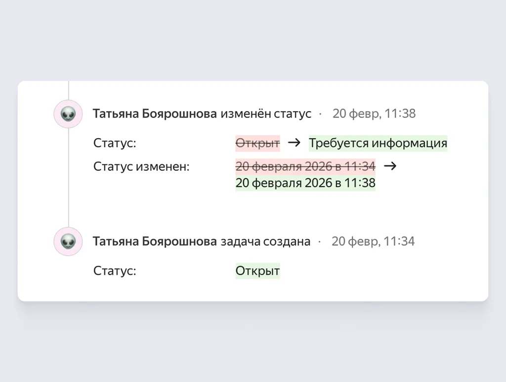 Когда статус меняется, время изменений автоматически отражается в истории задачи