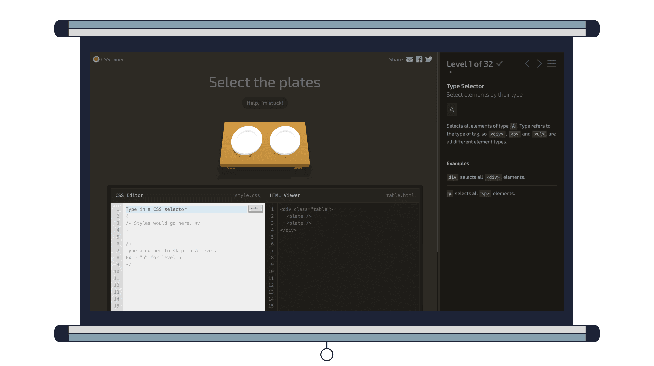 Интерфейс онлайн-игры CSS Diner. Игра даёт подсказки по коду. Чтобы их посмотреть, нажмите на надпись Help, I’m stuck! над столом.