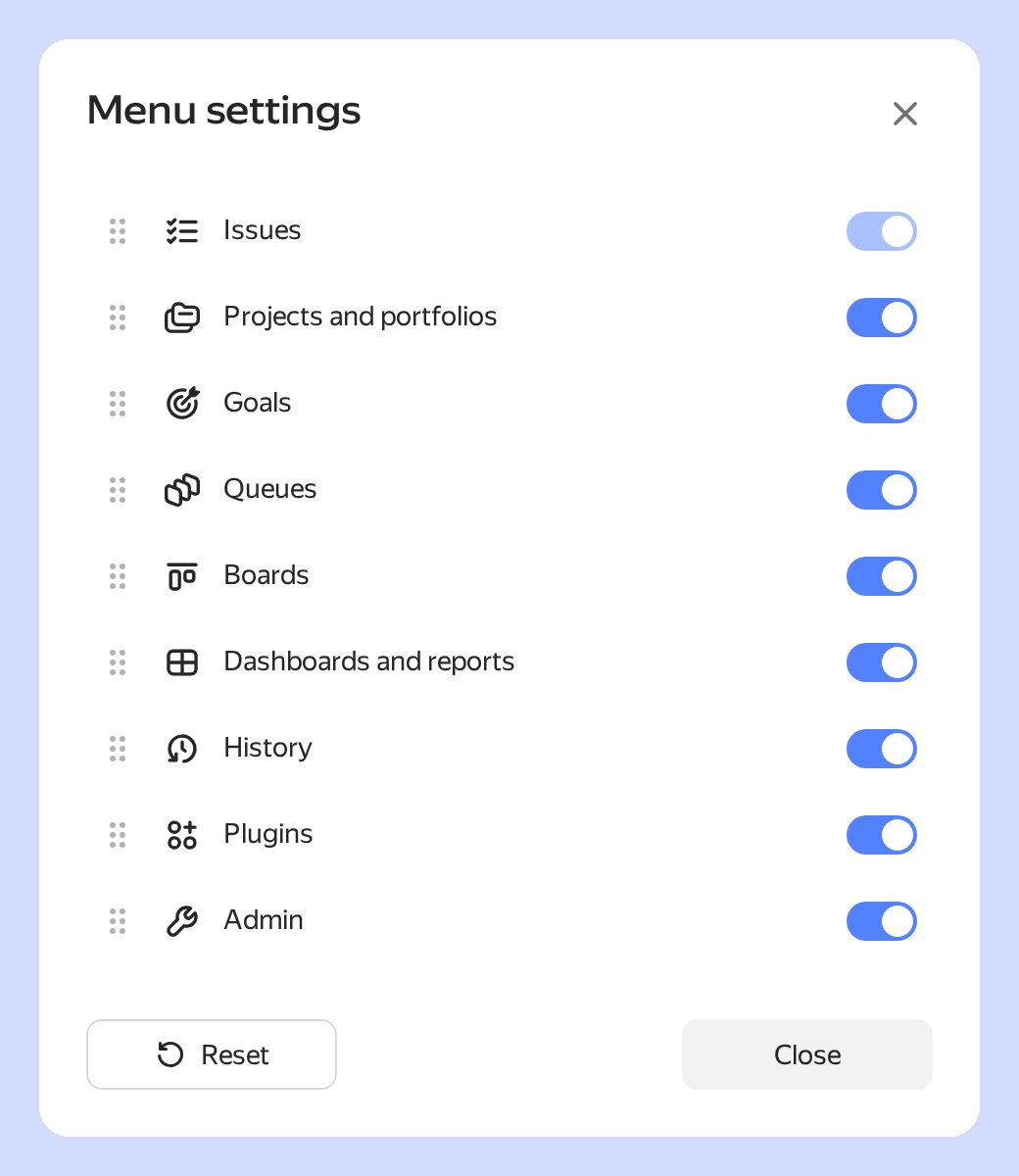Menu settings dialog