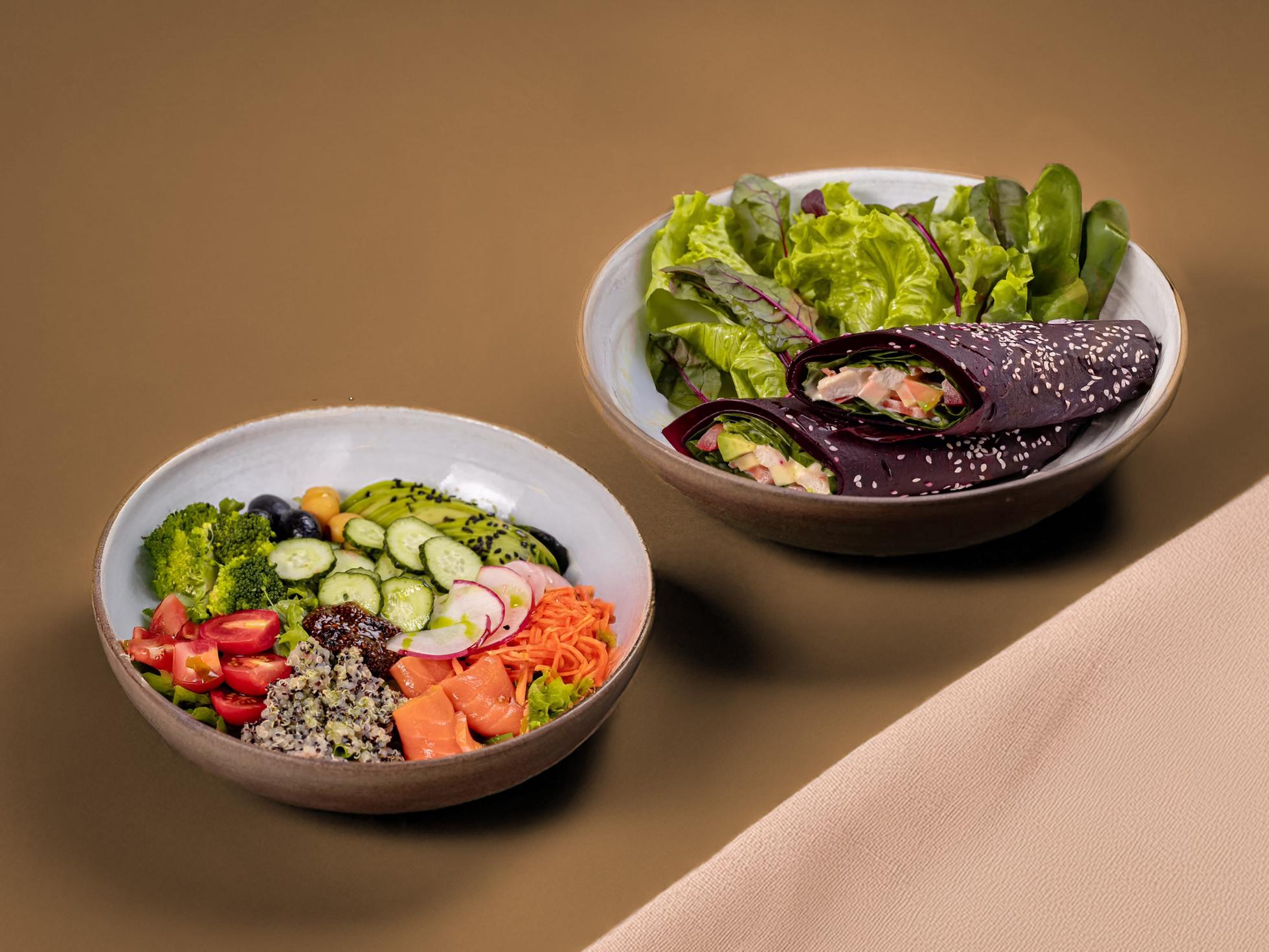 Salmon bowl, turkey wrap