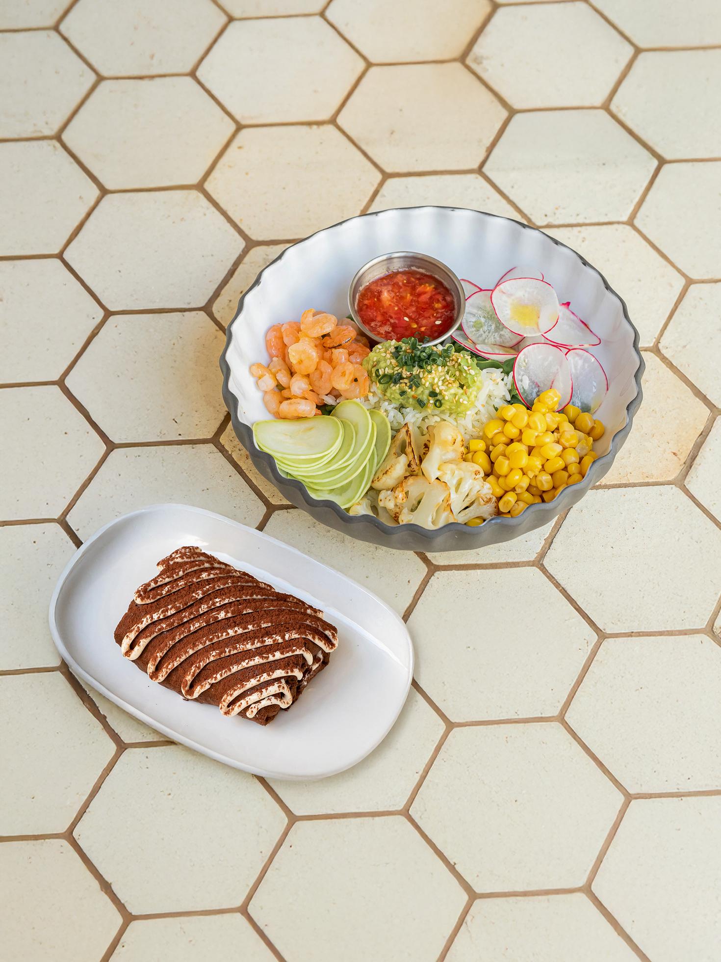 Shrimp bowl, tiramisu crepe