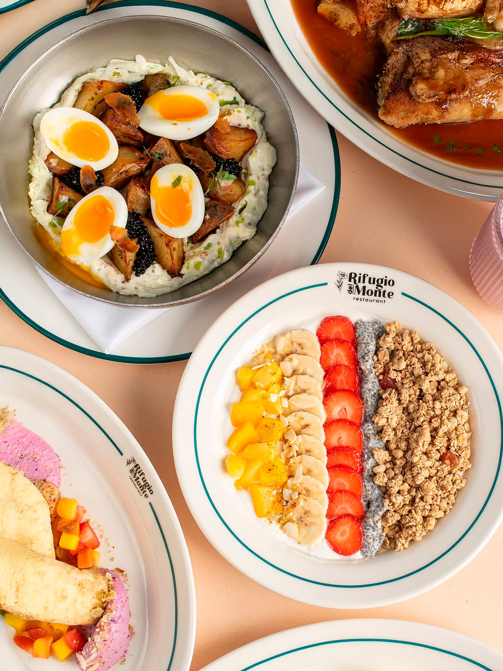 Potato with soft egg, granola with fruit
