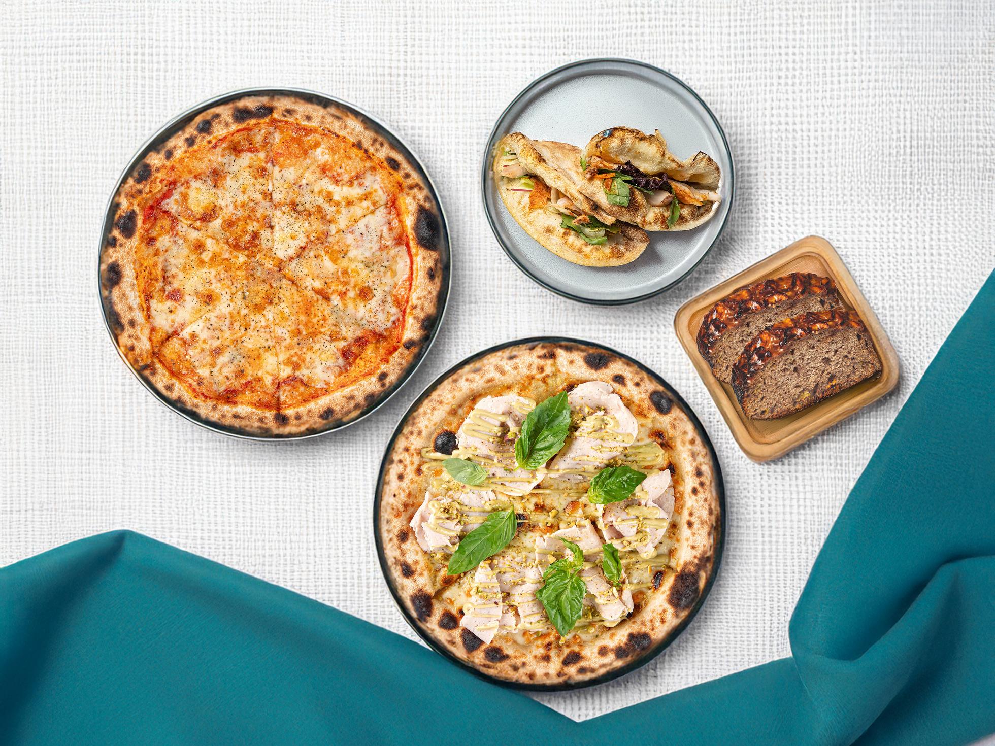 Cheese pizza, Oasis pizza, chicken and kimchi sandwich, banana bread