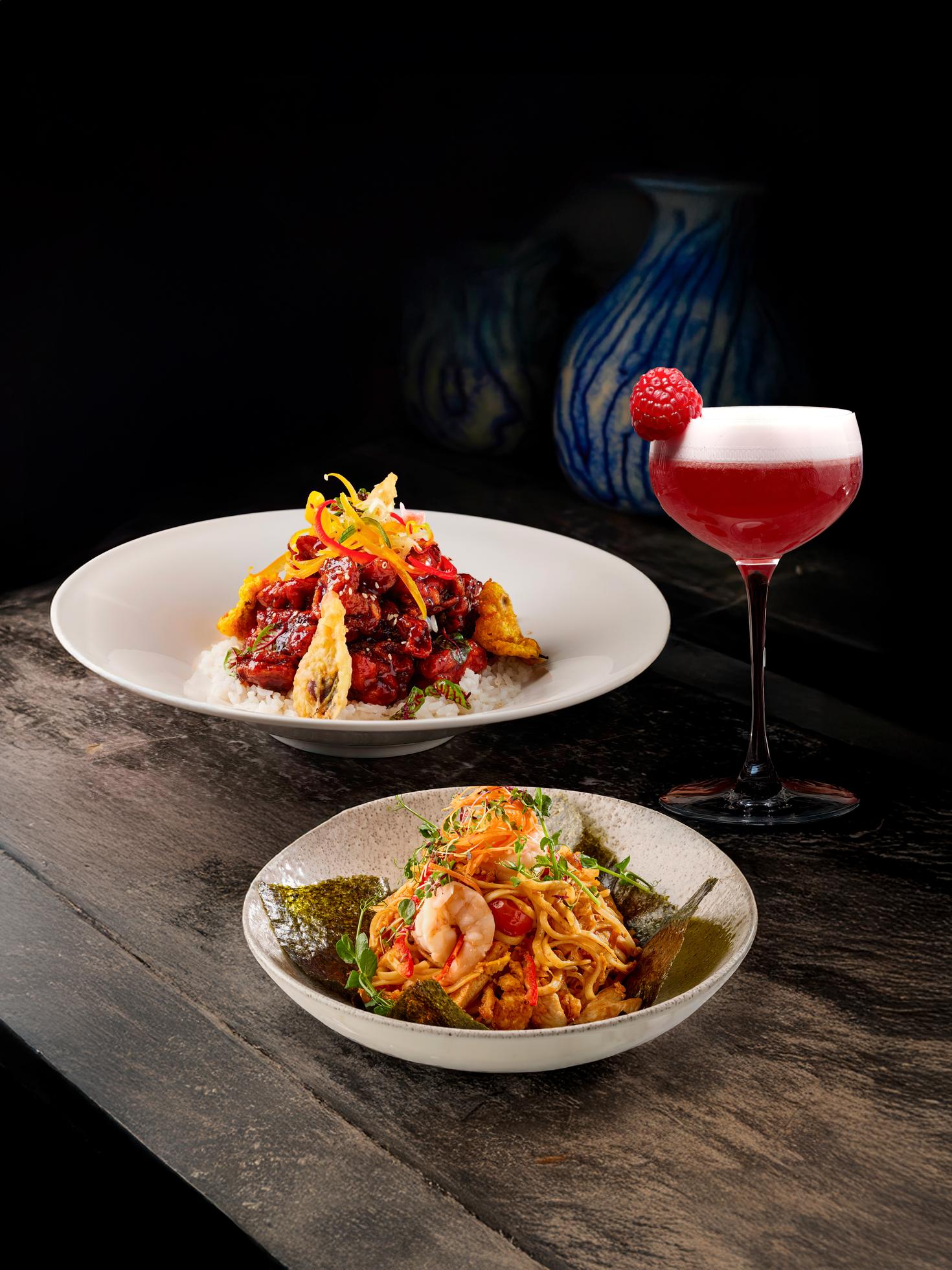Singapore Chicken, Malaysian Noodles, Raspberry Bounty Cocktail