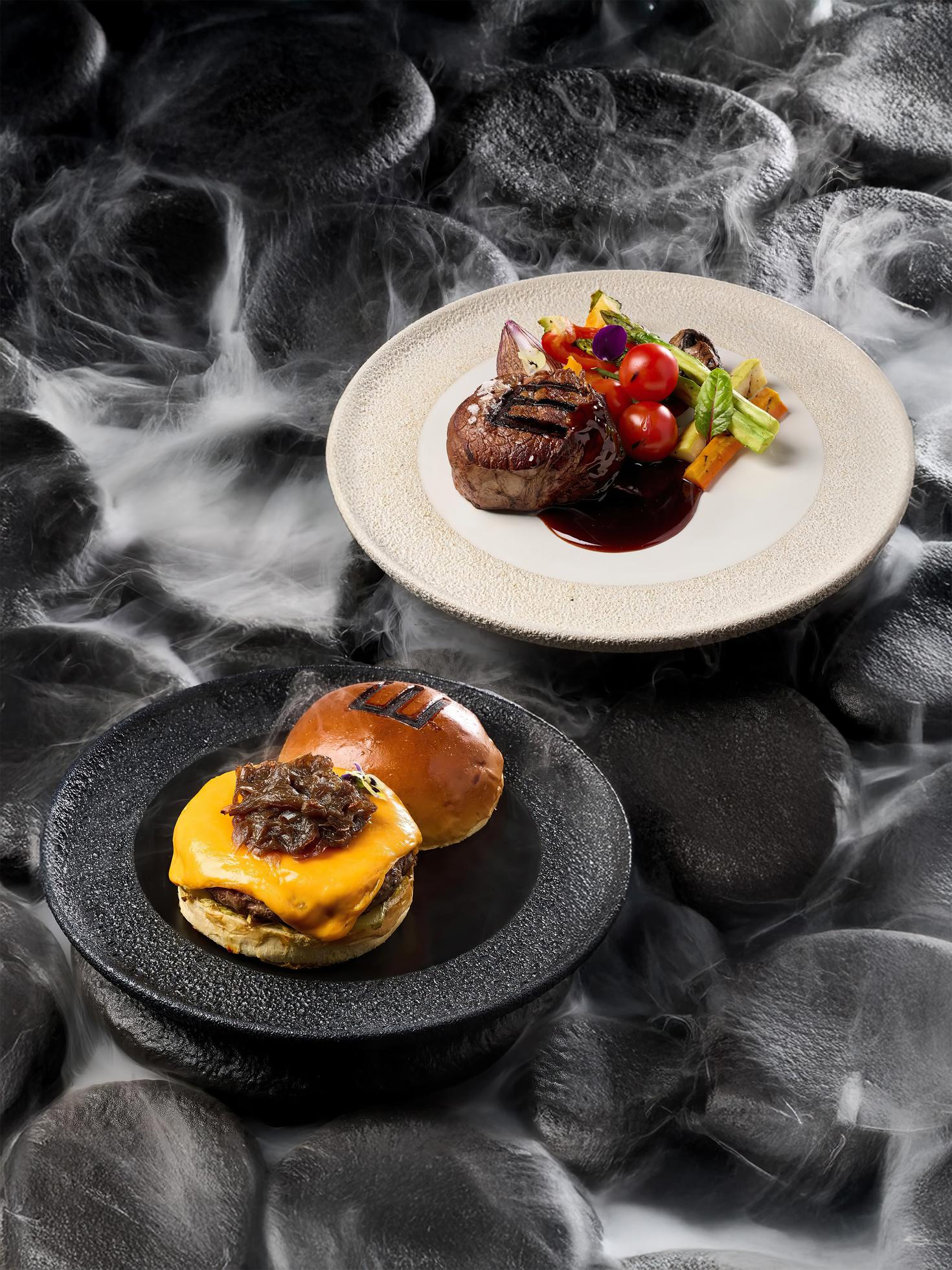 Ember burger, beef tenderloin with vegetables