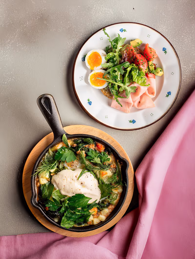 Green shakshuka with chicken, Tuscan zucchini pie