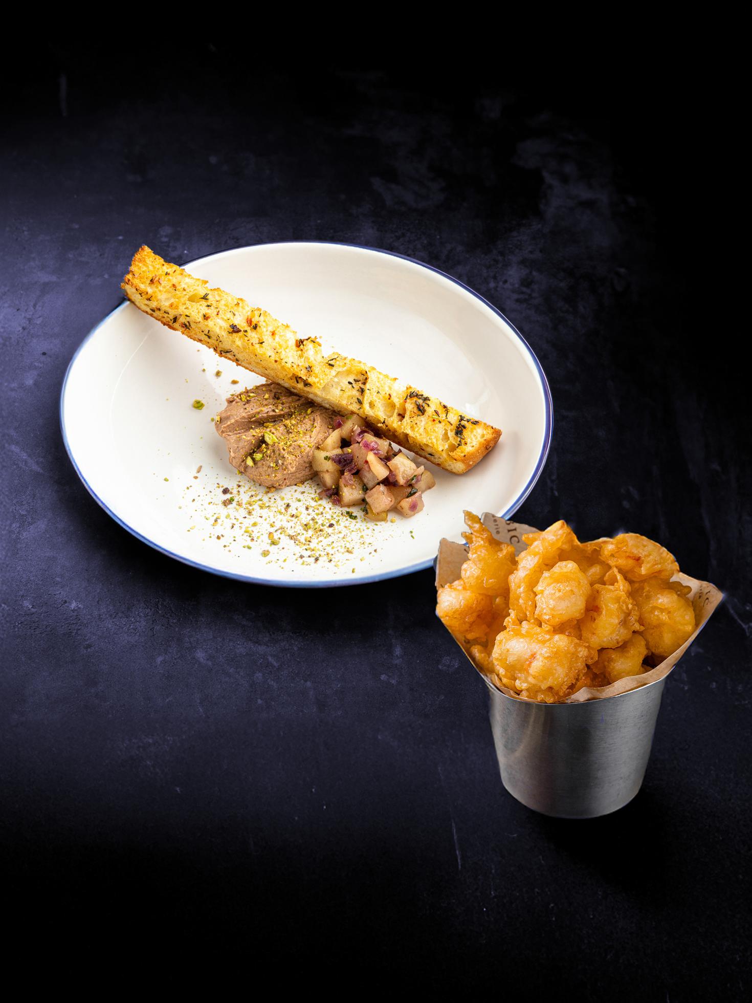 Shrimp popcorn, and pâté with pear chutney