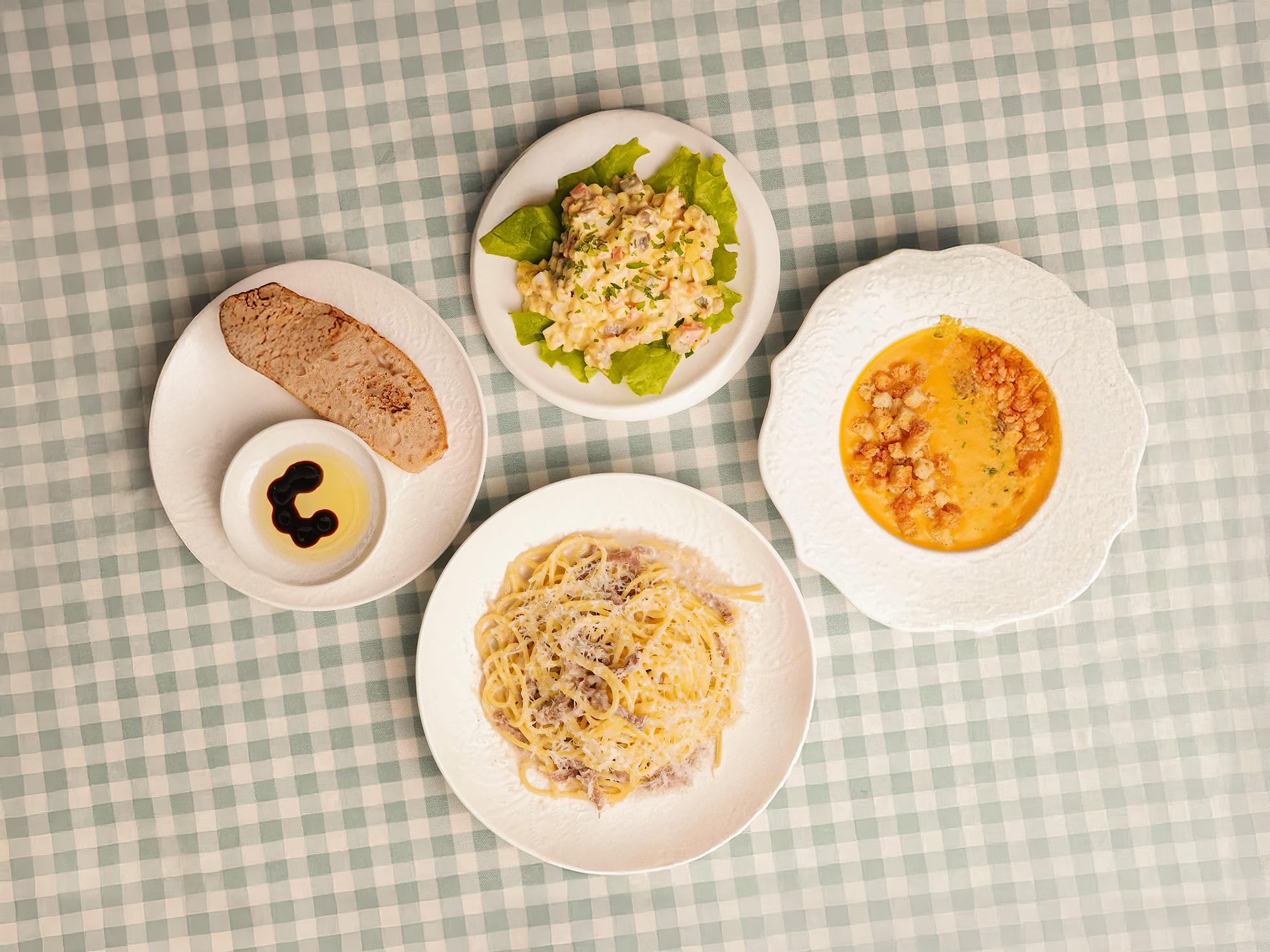 Pea cream soup, Olivier salad, Carbonara linguine