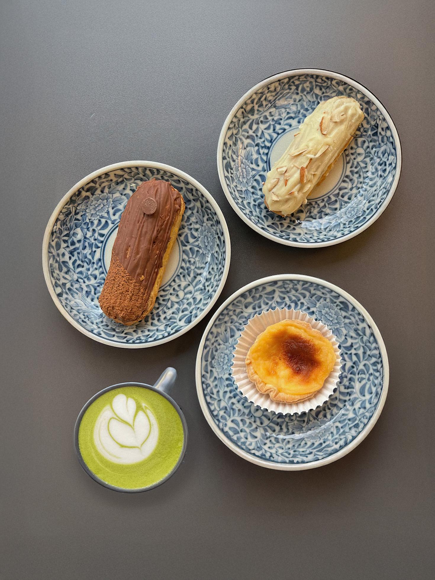 Eclair «Vanilla», eclair «Chocolate», pate, matcha