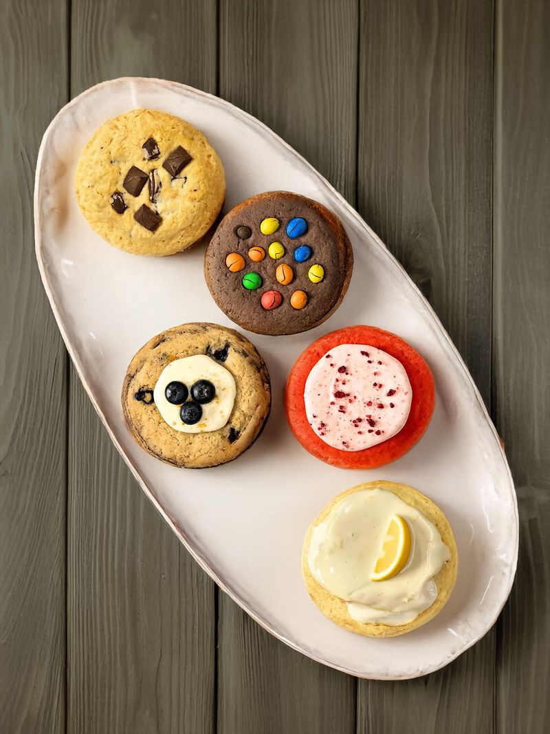 Cookies: qora shokolad bilan, m&amp; M’s bilan shokolad, ko’k va muzli, muzli qulupnay, muzli limon