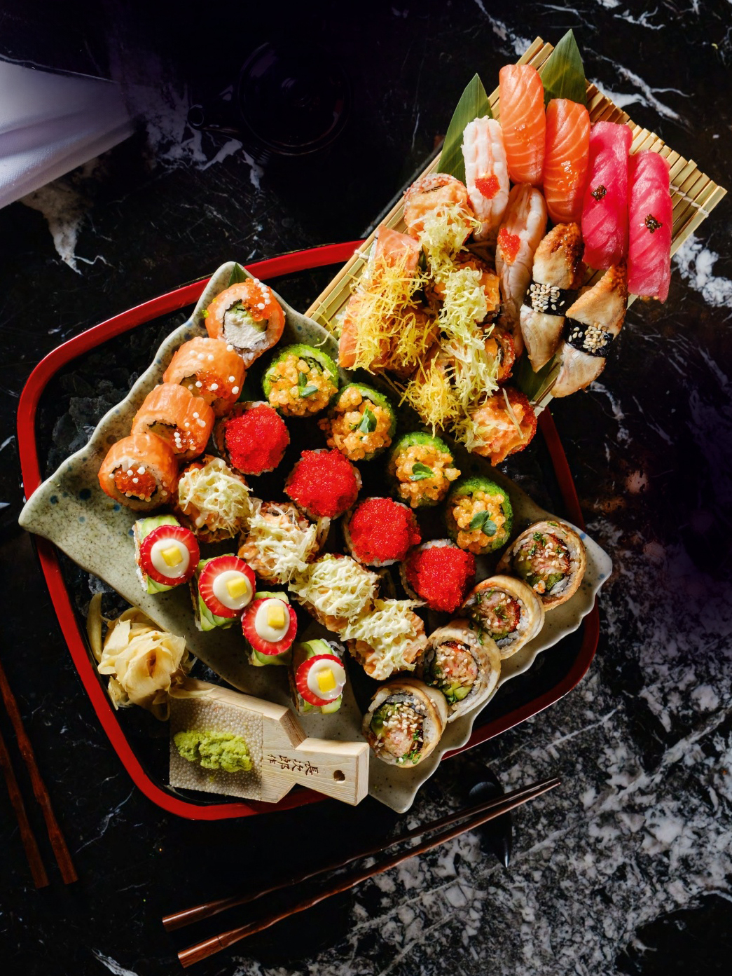 Rolls: «Baked with salmon „,“ With shrimp», «Dragon», «Philadelphia», «Crispy salmon», «Tempura Shrimp», «California», «Spicy Tuna». Sushi; salmon, tuna, eel, shrimp