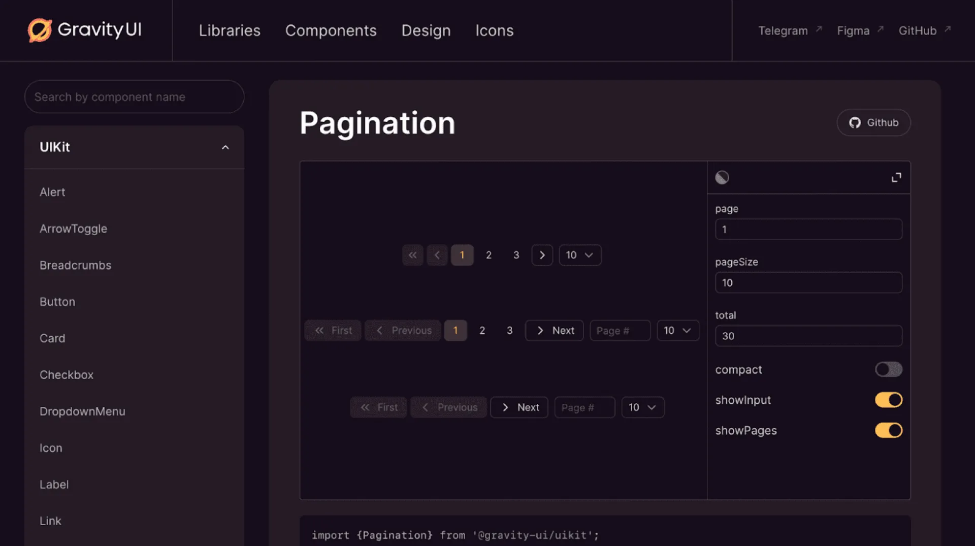 Пример отображения элементов интерфейса — кнопок для пагинации (смены страниц)