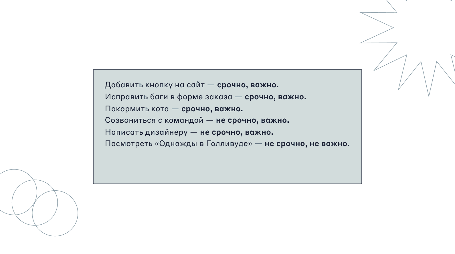 Иван расставил приоритеты для своих задач. Теперь понятно, за что браться в первую очередь, а что можно отложить