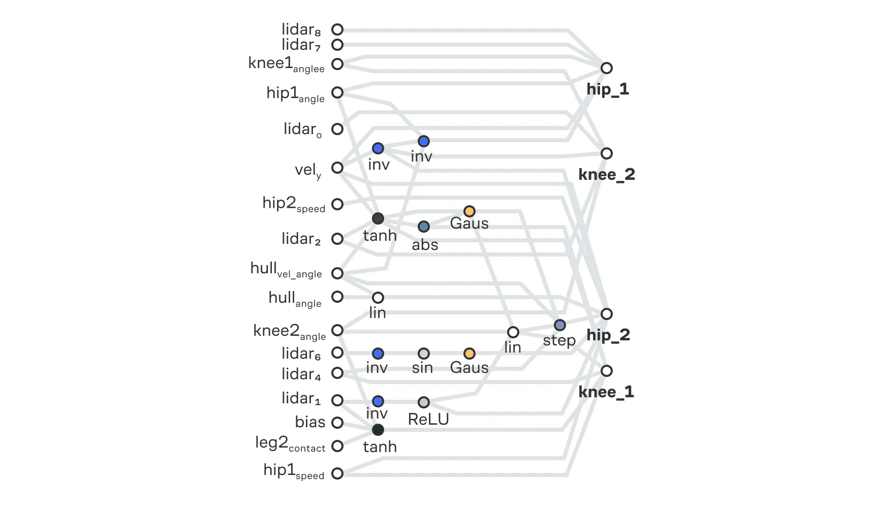 Пример топологии WANN для управления агентом в среде BipedalWalker