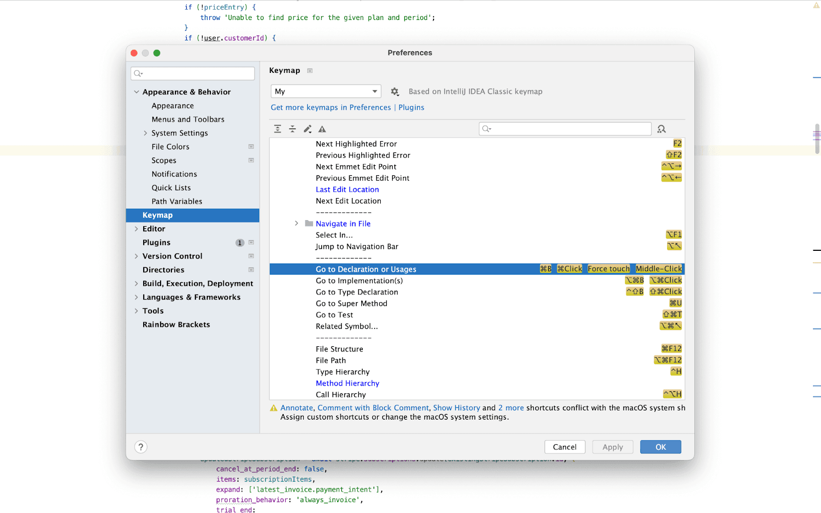 Список горячих клавиш в справке WebStorm